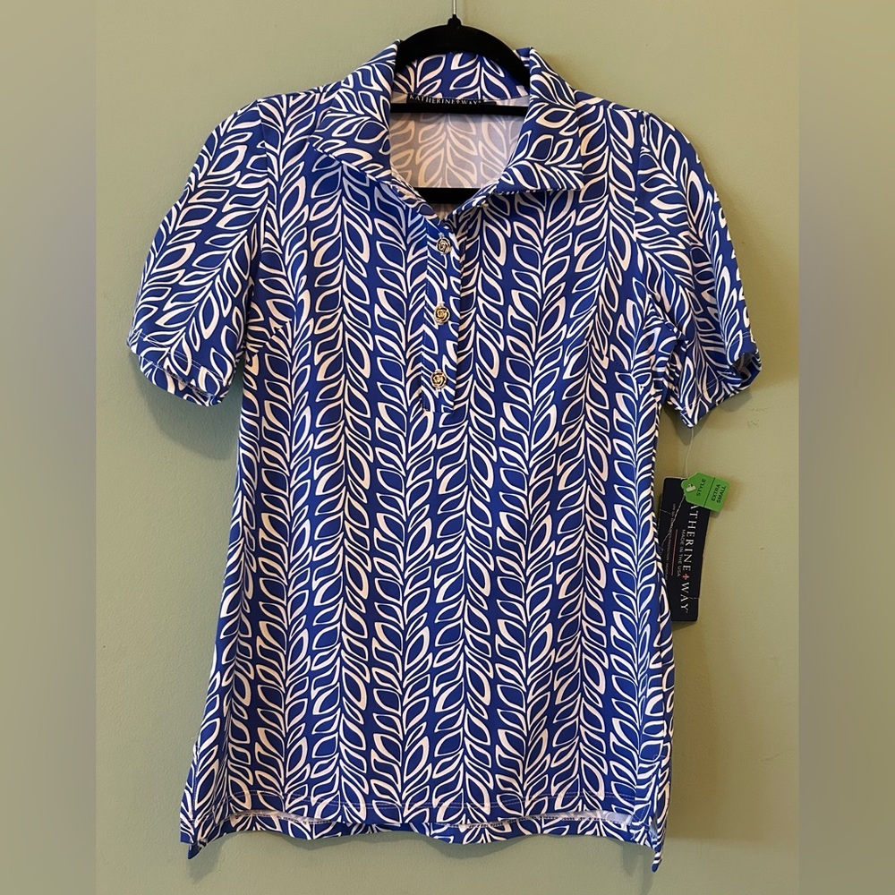 Katherine Way Polo Shirt Women’s S UPF 50+ Navy BlueGold Buttons Golf Top NWT XS